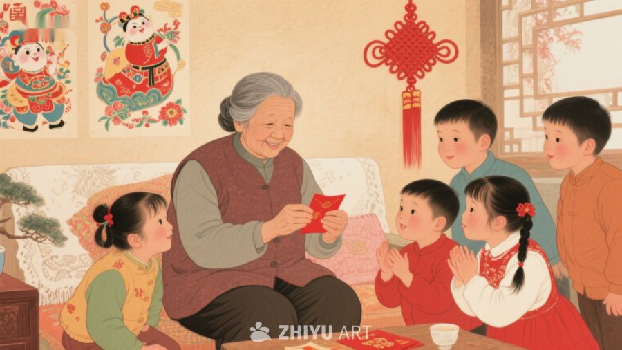 祖母分发红包，孩子们喜笑颜开 136