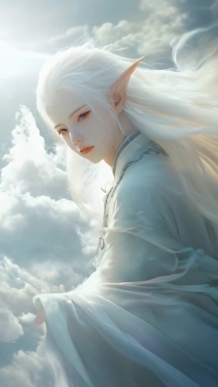 云端白发精灵，翅膀环绕，柔美眼神俯视。