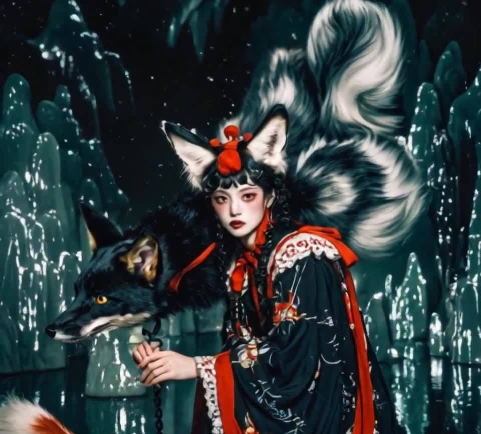 狐耳少女与黑狐，奇幻风格山峰背景。