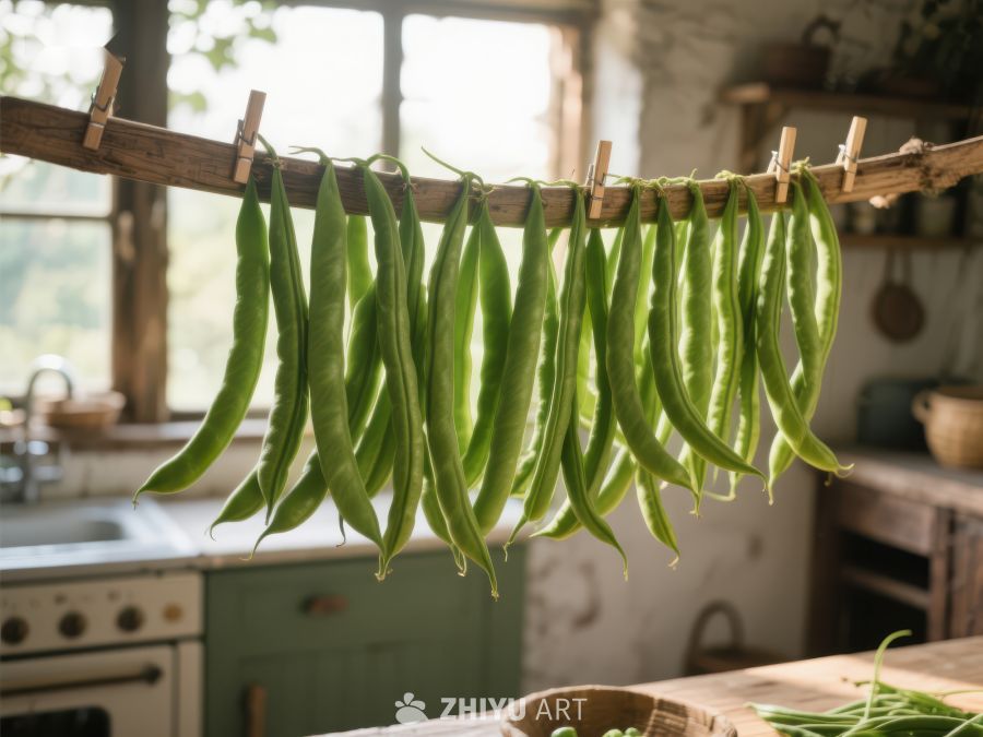 厨房中悬挂的绿色豆荚 94
