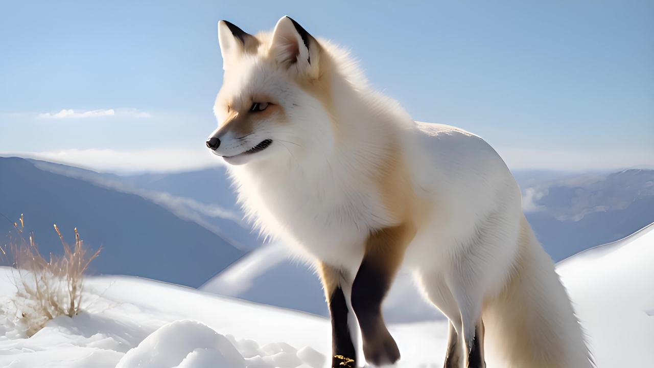 一只白色的狐狸站在雪地上，背景是蓝天和连绵的山脉。