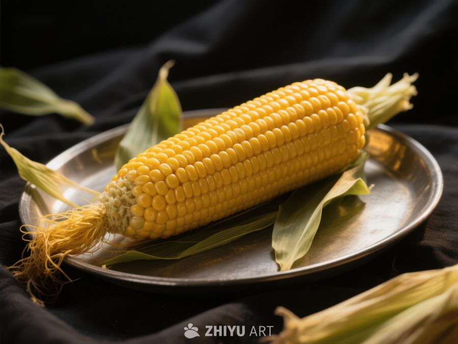 金黄玉米置于金属盘中 116