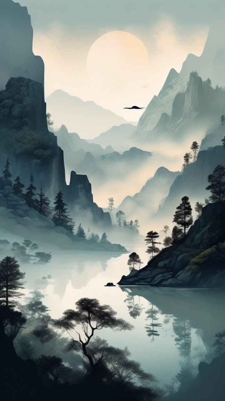国风水彩画山水风景插画 112