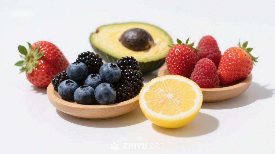 新鲜水果组合：草莓、蓝莓、黑莓、柠檬与牛油果