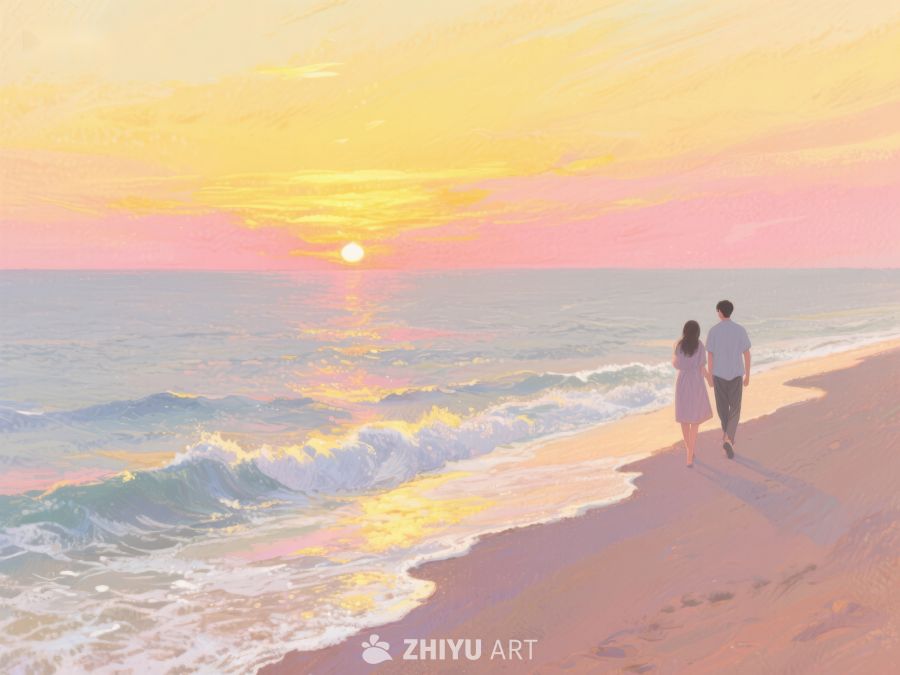 海滩日落，情侣漫步 251