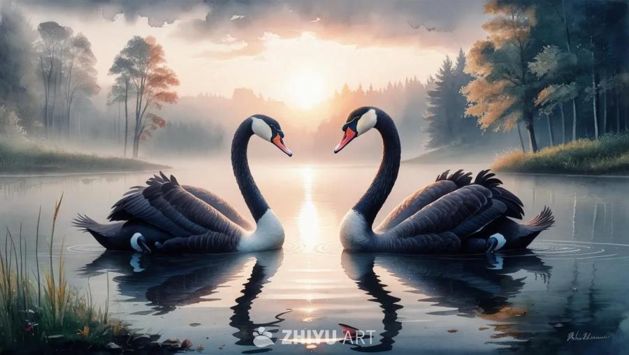 两只黑天鹅在晨雾中的湖面上游动。太阳正在升起。画面