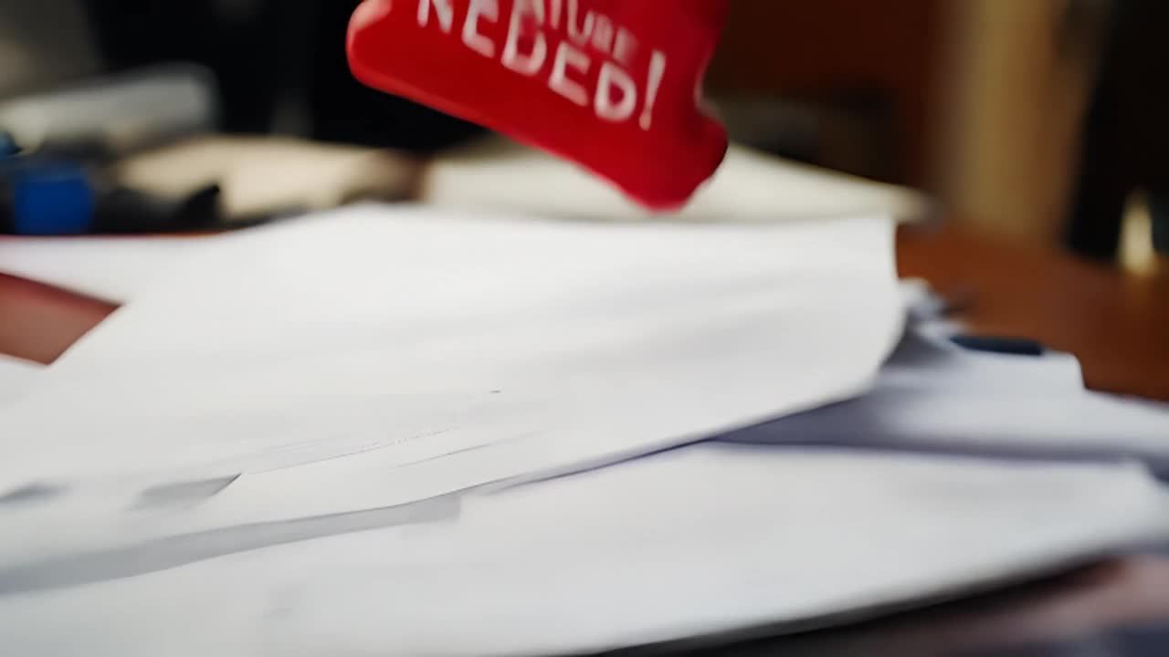 桌面上堆放着许多纸张，最上面是一张清晰的纸，其他纸