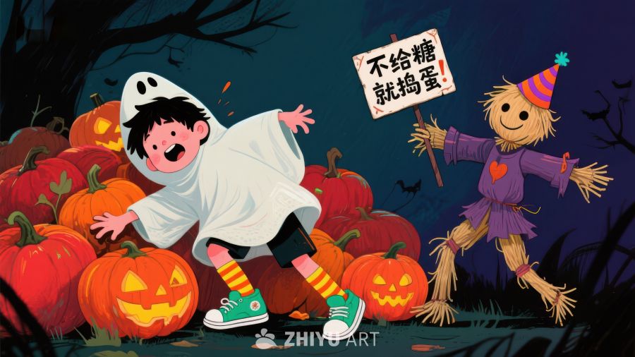 万圣节夜，小孩与稻草人欢乐互动