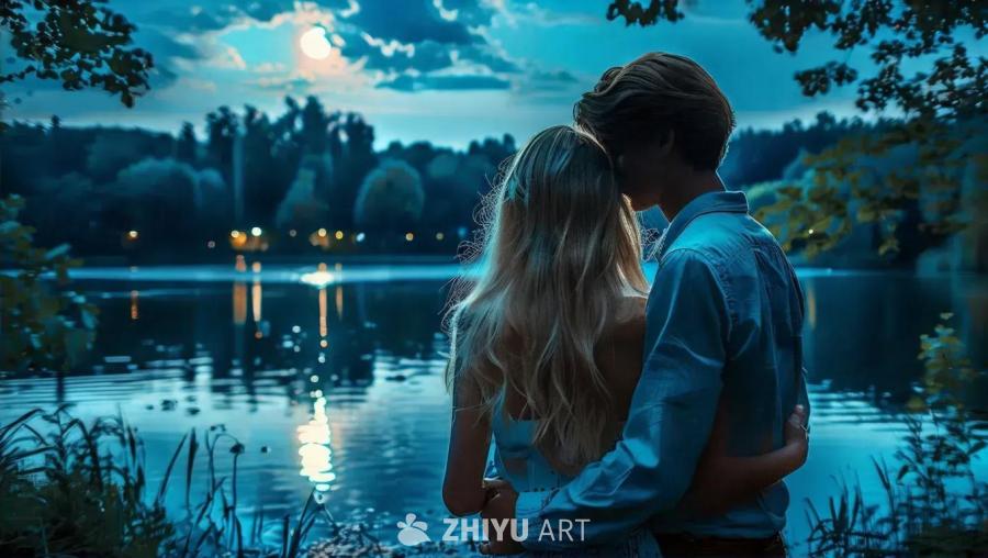 远处可见一男一女。年轻女子留着金色长发。男子将手臂