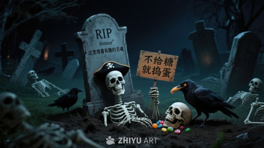 万圣节墓地场景：骷髅与糖果