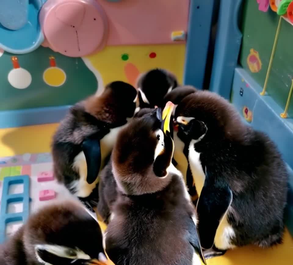 一群企鹅幼崽聚集在一起。这些企鹅幼崽羽毛呈黑色，眼