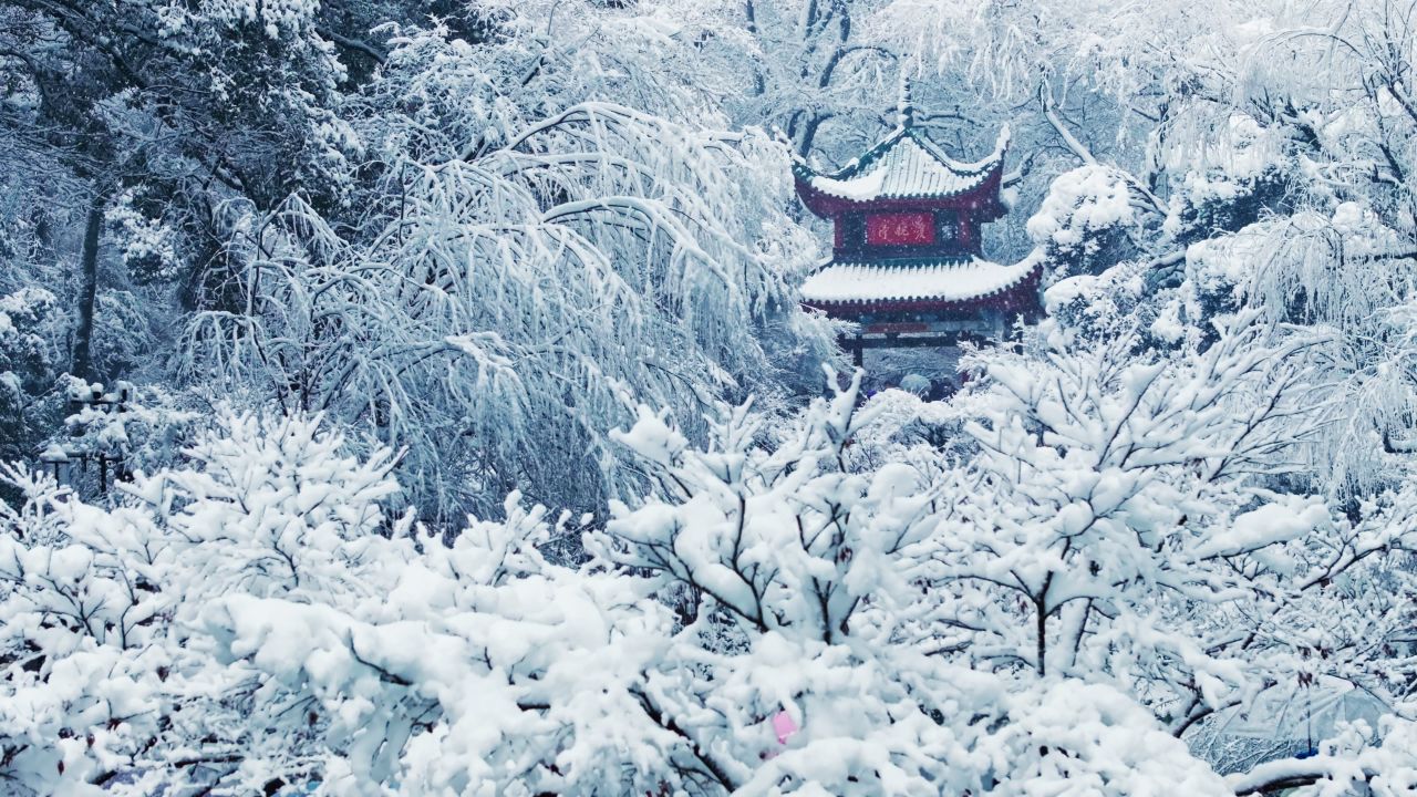 湖南长沙岳麓山爱晚亭雪景航拍 24