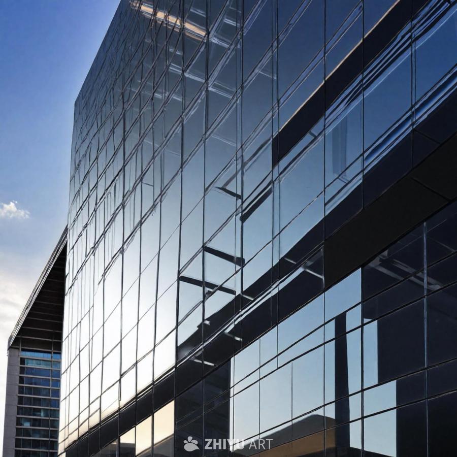 一座大型现代建筑，采用独特的玻璃幕墙设计。玻璃面板