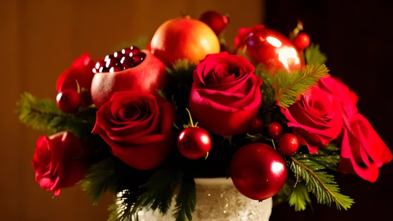 一个圣诞主题的花束，由红玫瑰、石榴和红色浆果组成。