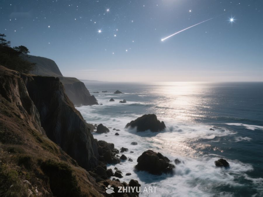 海岸夜景，流星划过星空 22
