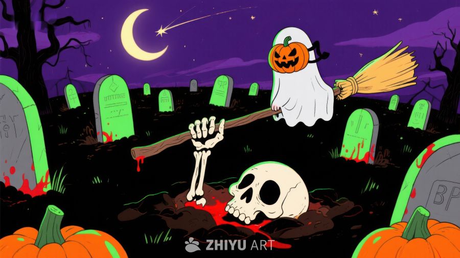 万圣节墓地幽灵与骷髅的奇幻夜
