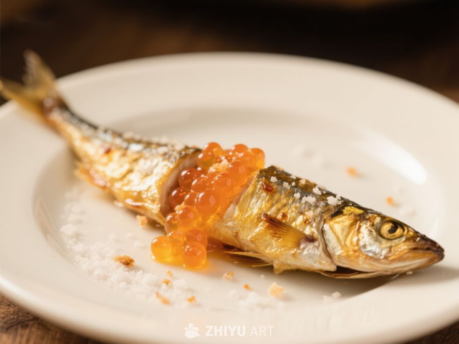 烤鱼配鱼子酱，盘中美食