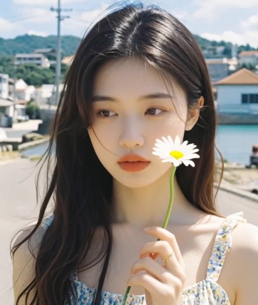 手持雏菊的年轻女孩，海边阳光下清新写真