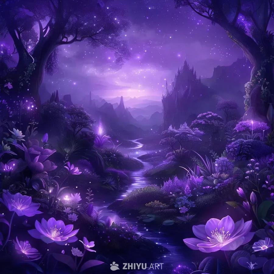 紫色色调的背景中，一棵树延伸至画面顶部，树下可见花