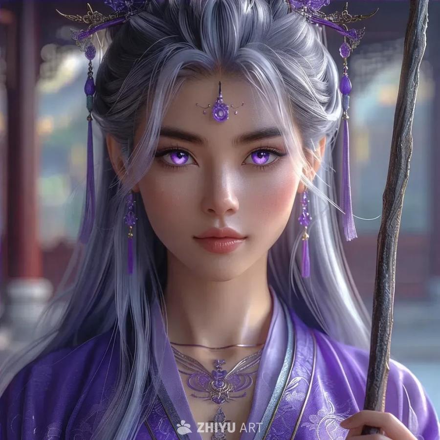 一位身穿紫色服饰的女子站立着，她有着银色的长发和紫