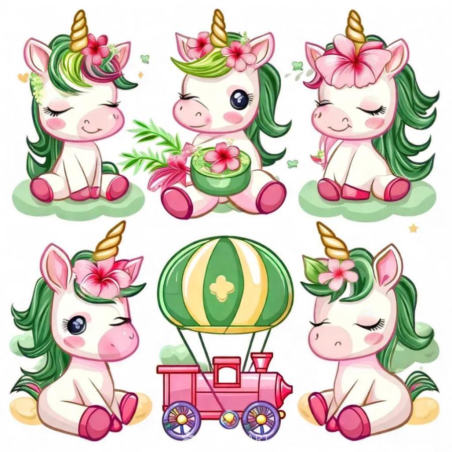 六个可爱的3D婴儿独角兽剪贴簿贴纸设计，每个都具有