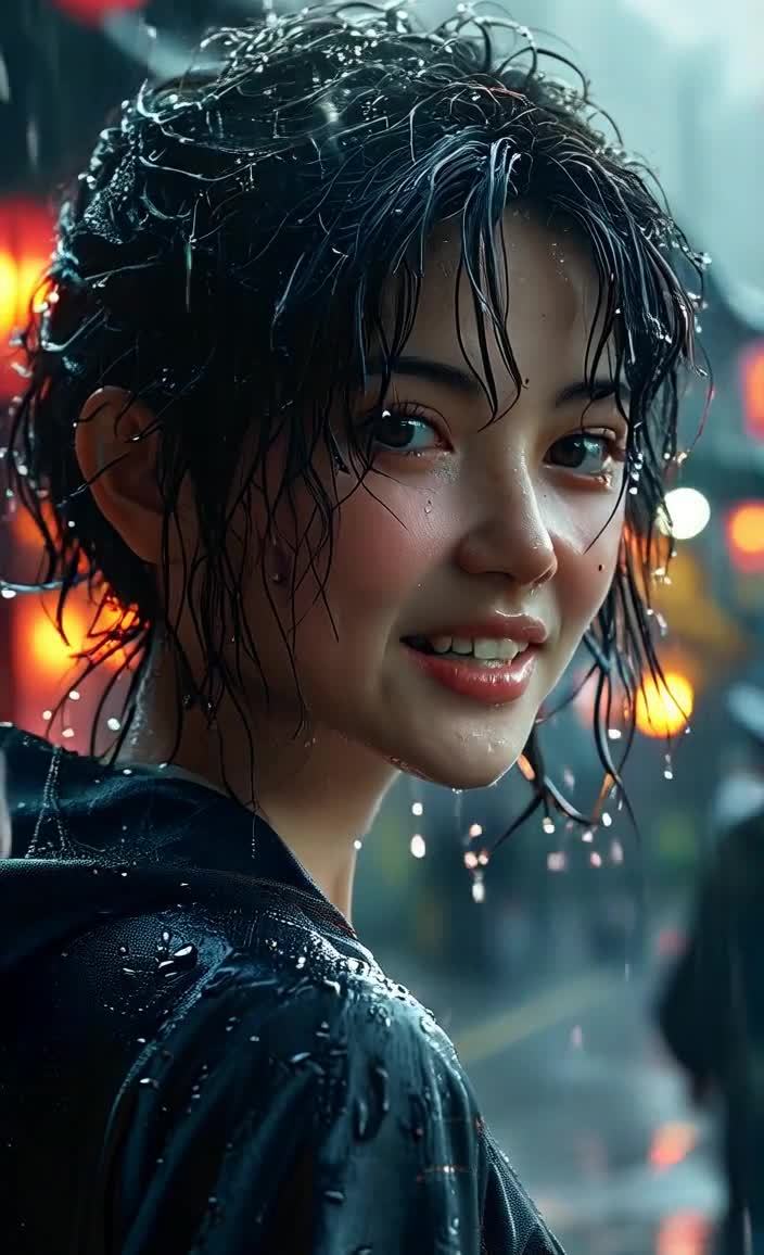一名年轻女子站在雨中，她穿着一件深色的外套，头发湿