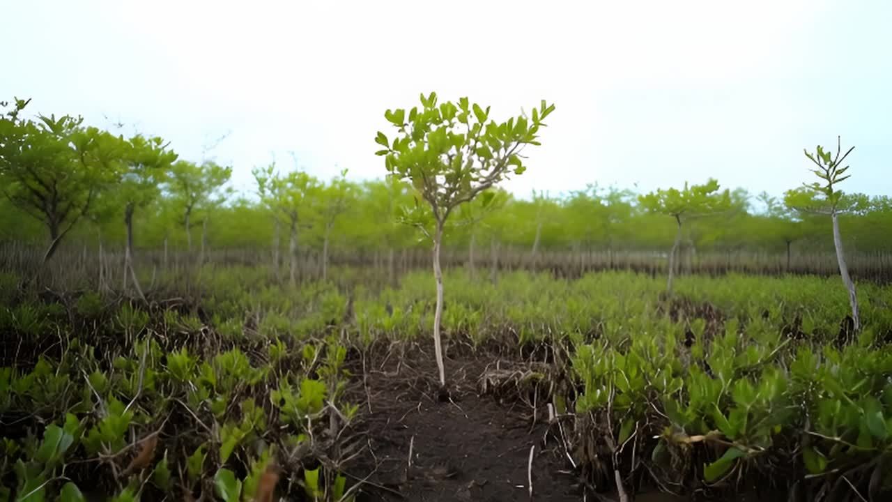 一棵新种植的红树幼苗独自伫立在沿海湿地中。这棵幼苗