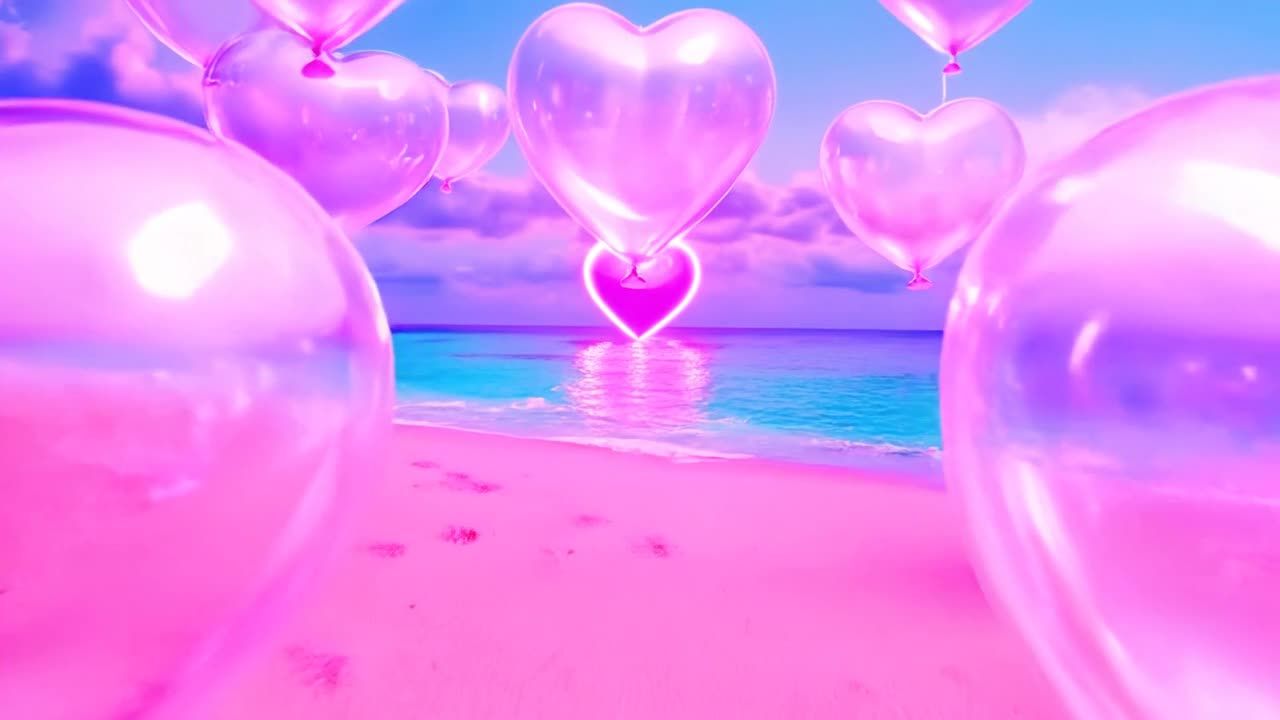 粉色的沙滩上漂浮着半透明的心形气球，海水呈现粉色、