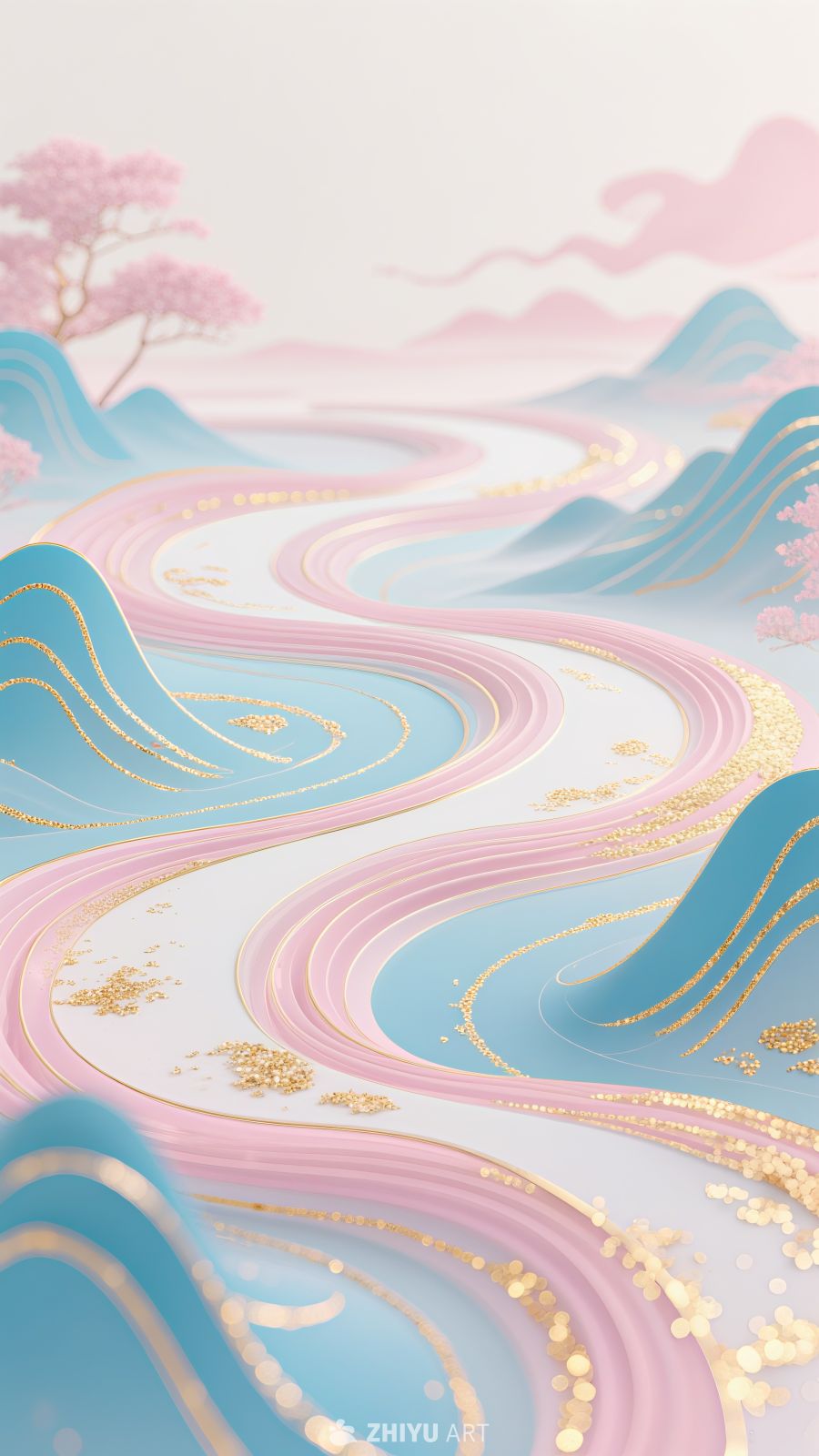 金箔中国风山水河流插画背景素材 10