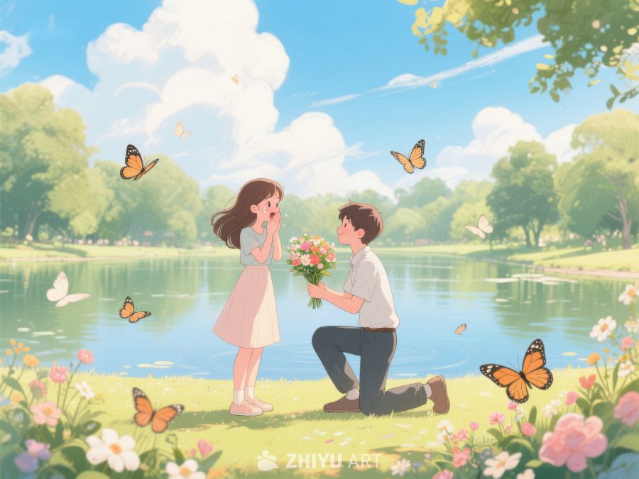 湖畔求婚，花束传递爱意 288