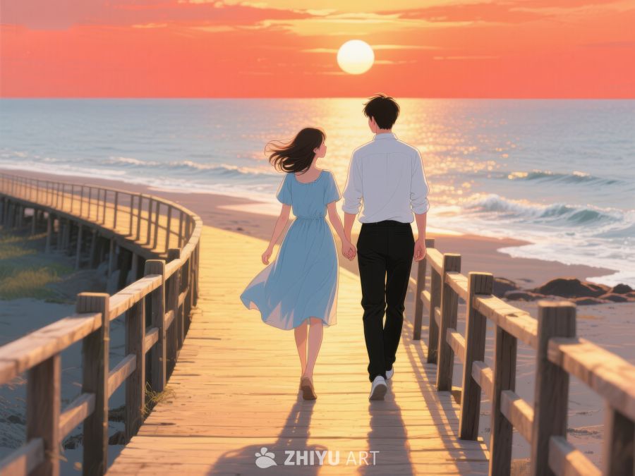 情侣海边栈道漫步夕阳 507