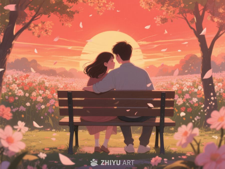 夕阳下公园长椅上的浪漫情侣 938