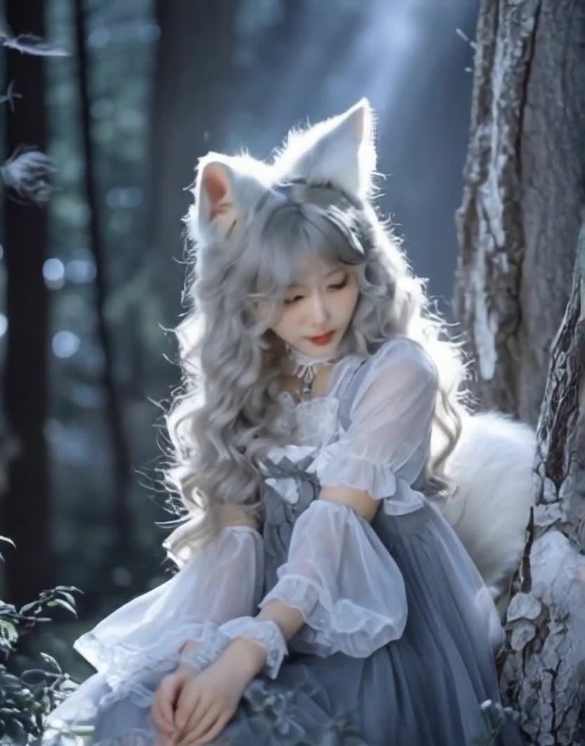 银发狐耳少女林中，着灰色连衣裙，眼神温柔。