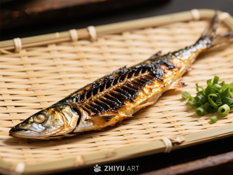 烤鱼配葱花，竹编盘上呈现