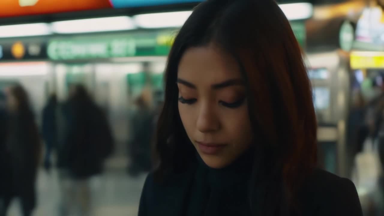一个女人站在地铁站里，她的眼睛闭着。拍摄角度是从下