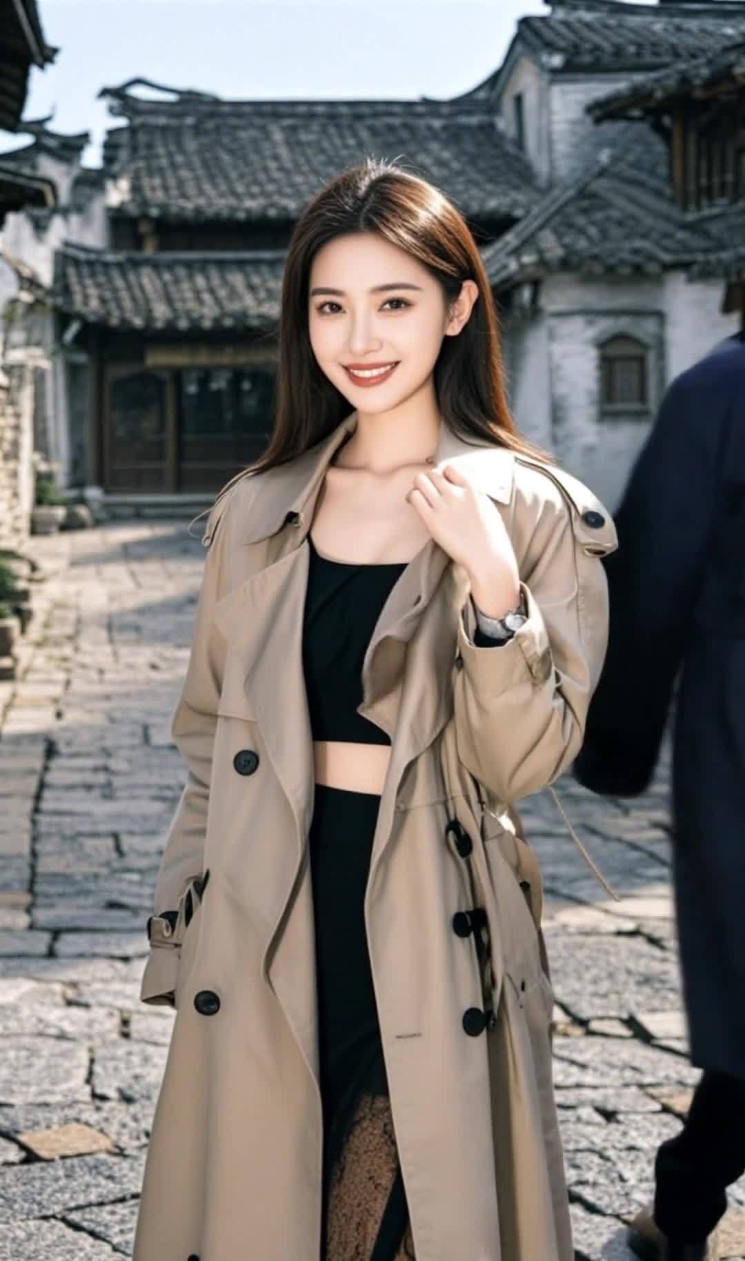 一位年轻女性站在铺着石板的街道上。她穿着一件米色风