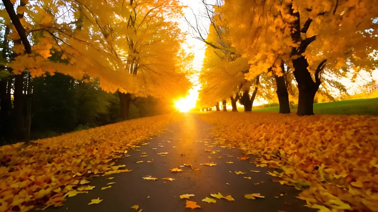 秋末的小径两旁种满了银杏树。夕阳余晖下，黄色的银杏