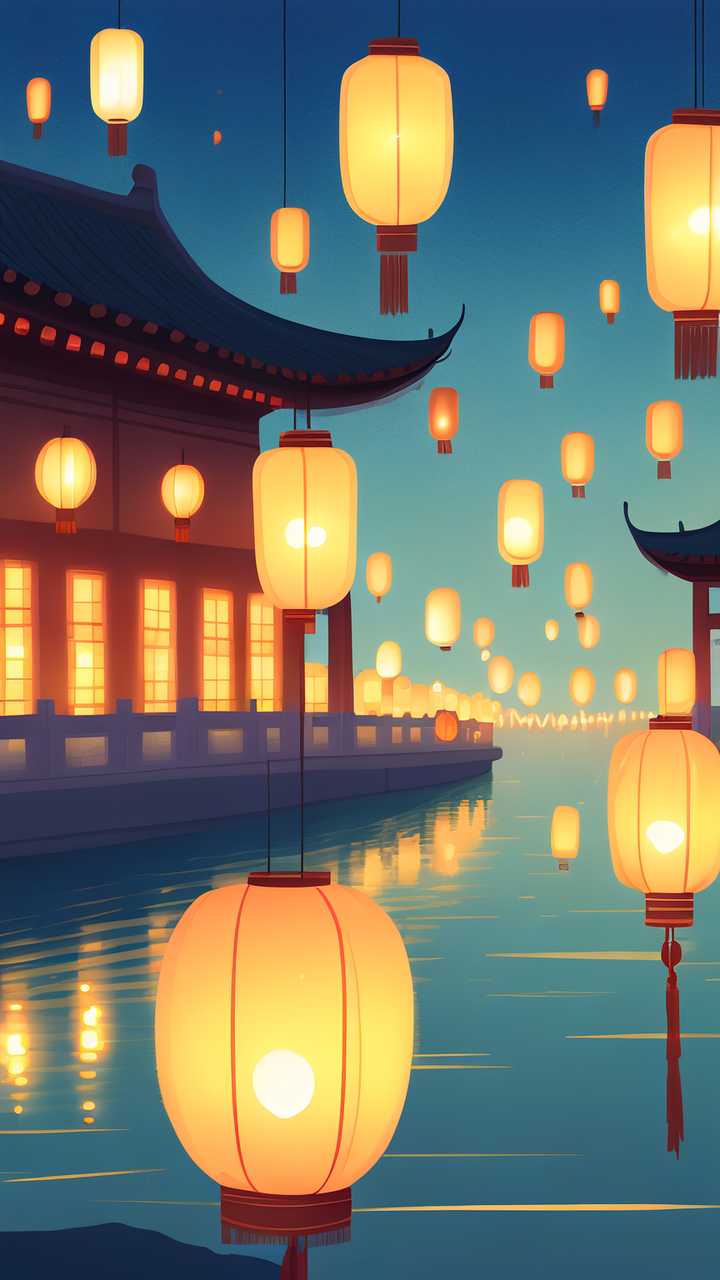 唯美中元节河灯原创插画素材背景