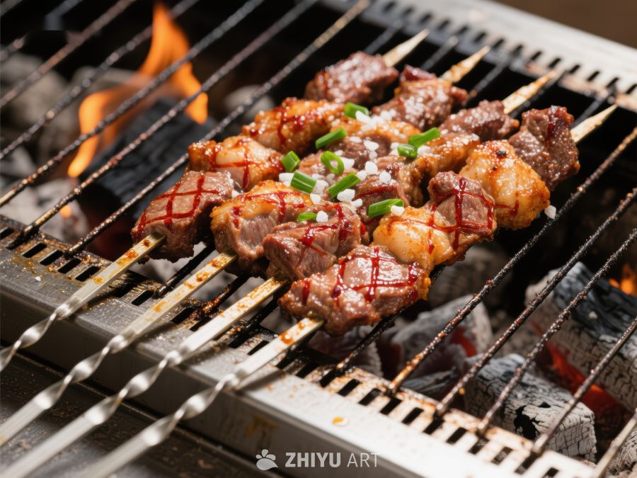 烤肉串在炭火上烧烤 300