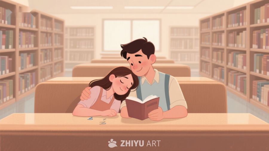 图书馆中温馨共读的两人 323