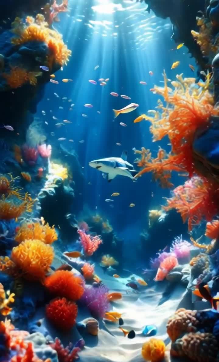 海底珊瑚与鲨鱼，阳光穿透水中世界。