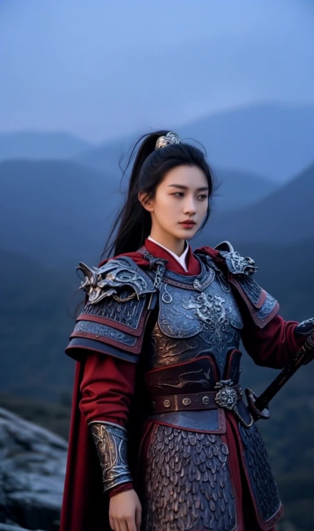 山顶持剑红衣鳞甲女子与蓝色山脉背景