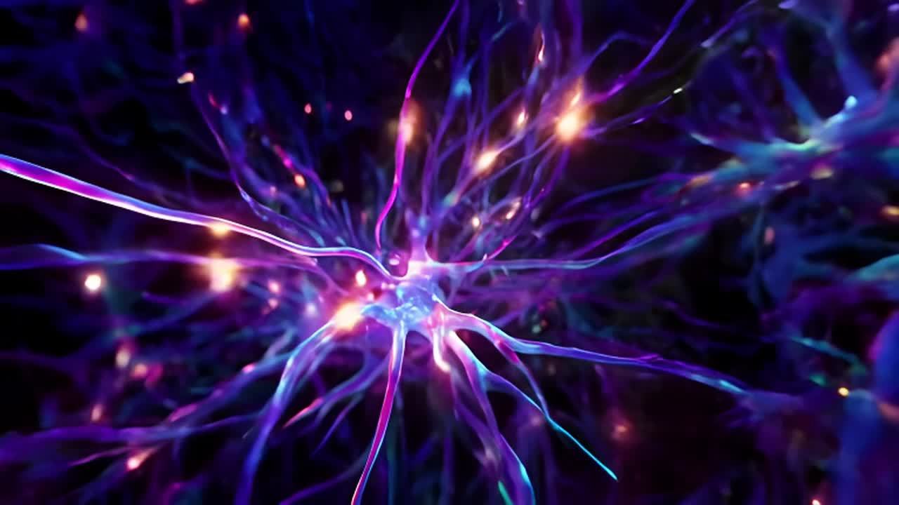一个大脑的特写镜头，其中神经元以霓虹色发光并闪烁，