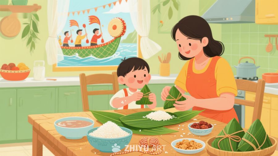祖孙包粽子，窗外龙舟赛 546