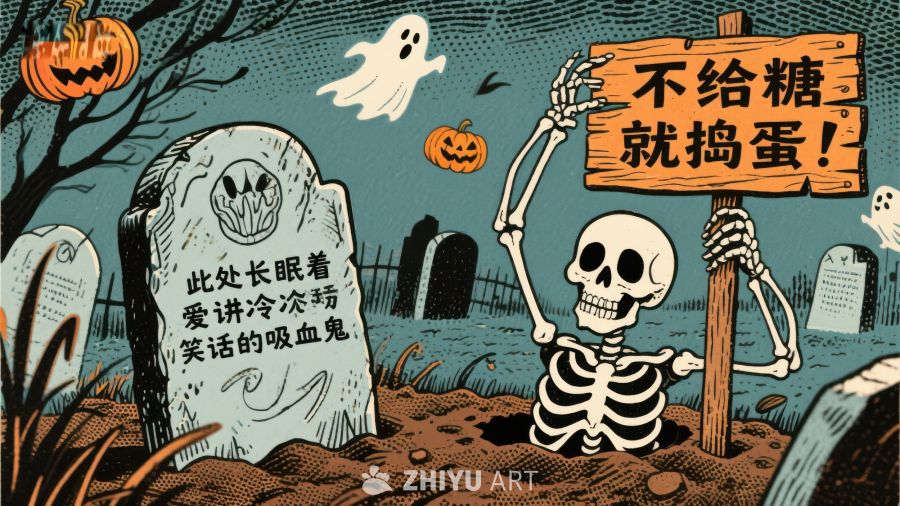 万圣节骷髅举牌，墓地幽灵南瓜灯
