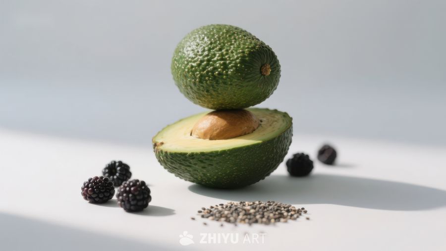 叠放的牛油果与黑莓、奇亚籽