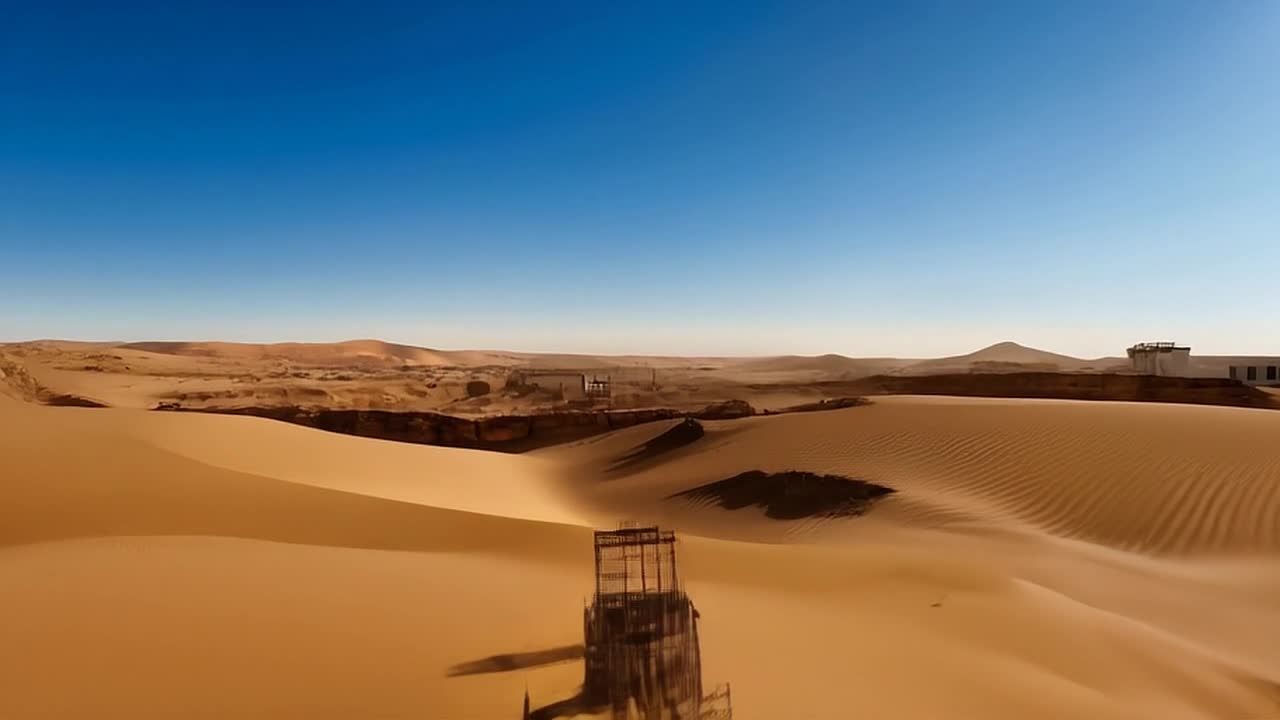 广阔的沙漠景观，中心有一个小型的构筑物。镜头缓慢地