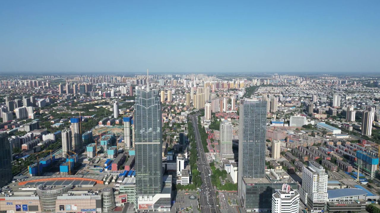 航拍河北保定城市天际线万博广场