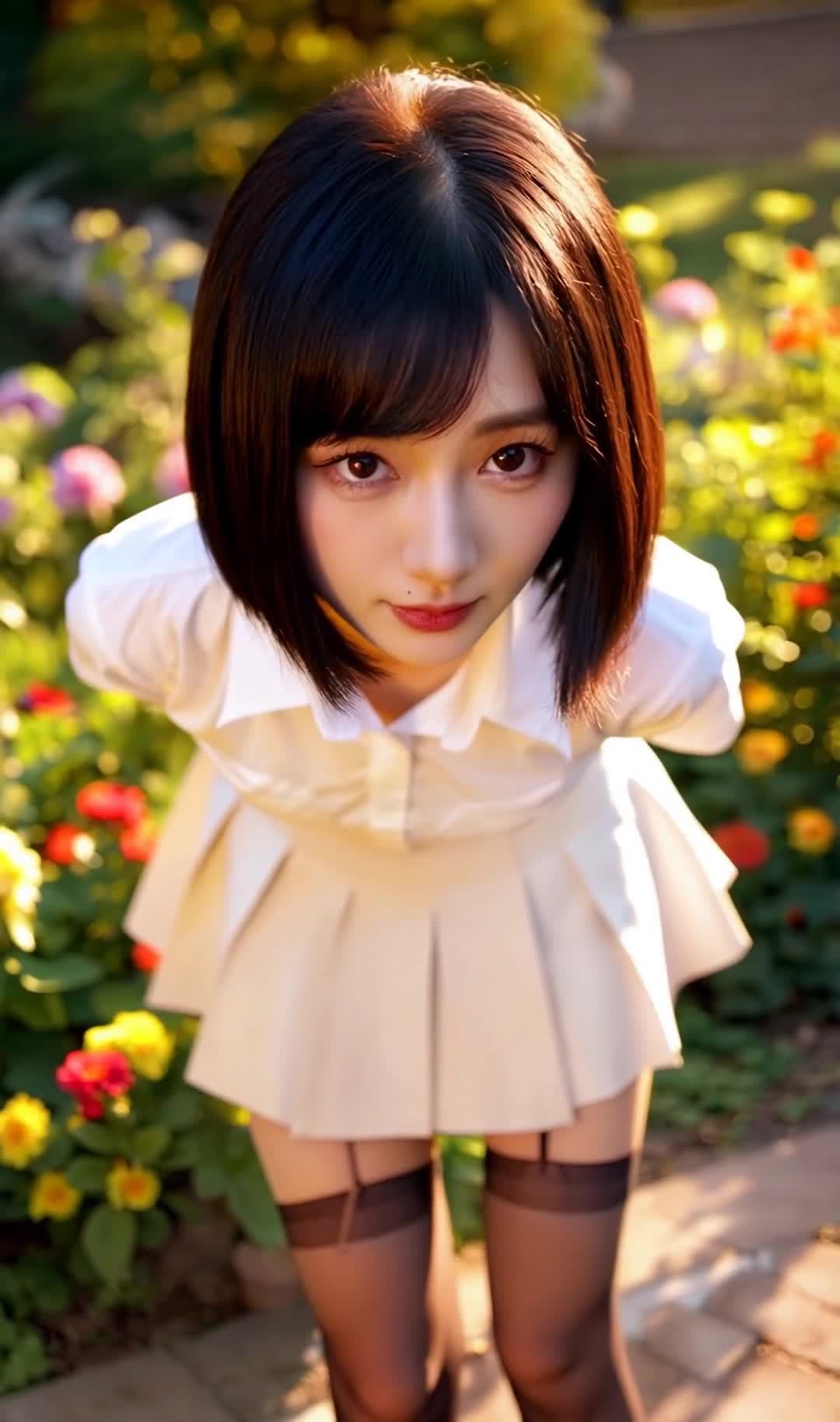 一位年轻的中国女性站在花园里。她有一头黑色的短发和