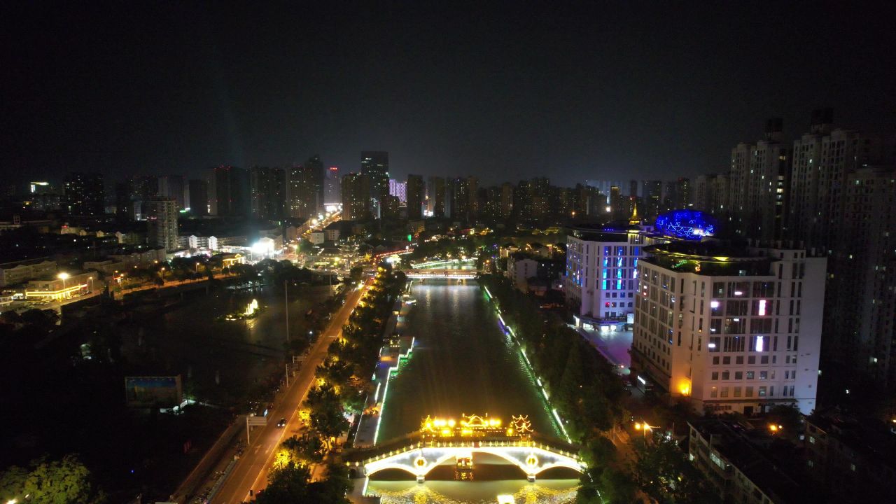 江苏宿迁夜景灯光航拍 
